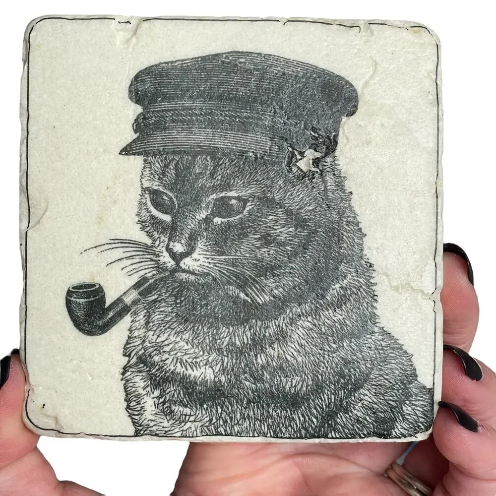 Anthropomorphic Animal Stone Tile Coasters Dog Cat Owl Rabbit Drawing Image READ